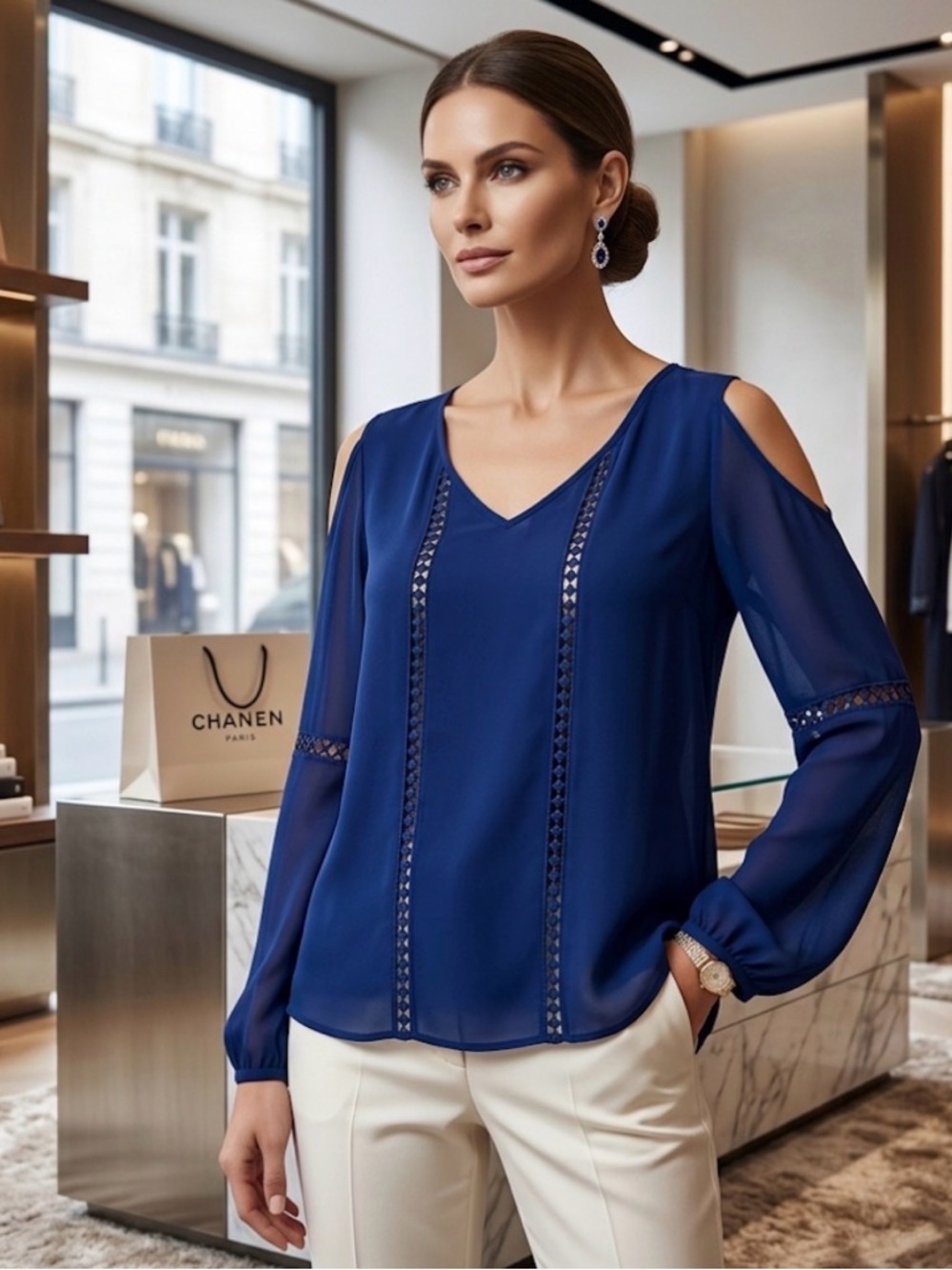Charming Charlie Navy Blouse with Cutout Details